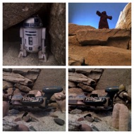 Artoo spots a dark figure coming into the canyon with it's arms raised and making the growl of a dangerous predator. This sends the Sandpeople fleeing in terror. #starwars #anhwt #starwarstoycrew #jbscrew #blackdeathcrew #starwarstoypix #starwarstoyfigs #toyshelf   
